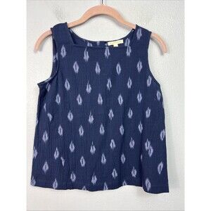 Eileen Fisher Blue Ikat Print Sleeveless Square Neck Back  Button Top XXS